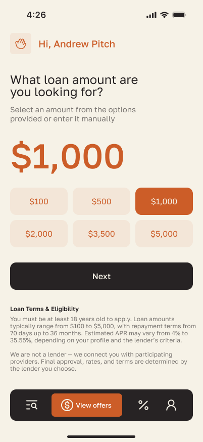 FastCash View Offers app screen